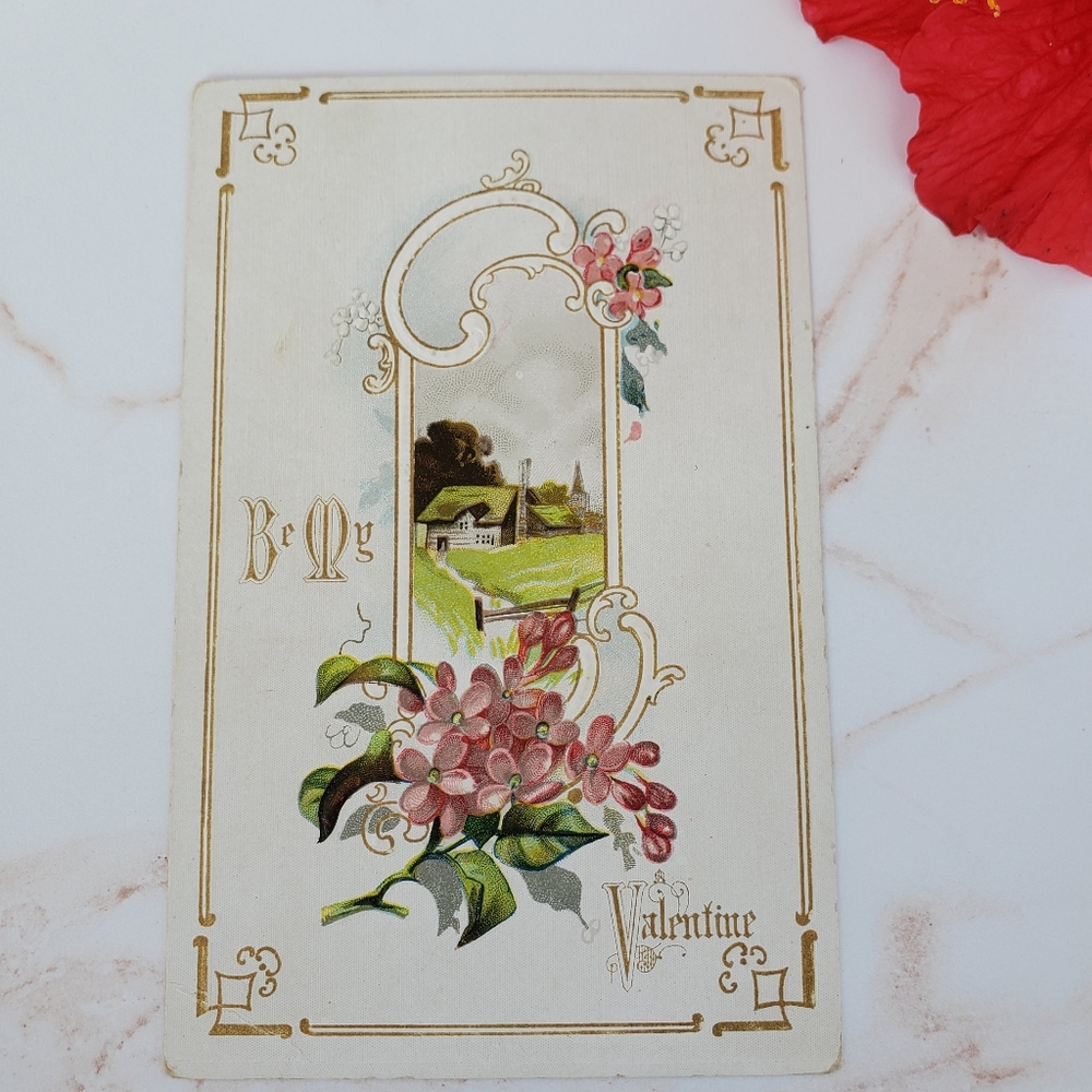 VINTAGE Be My Valentine graphic postcard 1900s raised relief gold accents VG